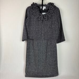 Danny & Nicole Grey Tweed Jacket Dress Ruffled Collar 3/4 Sleeve Womens 8 Petite